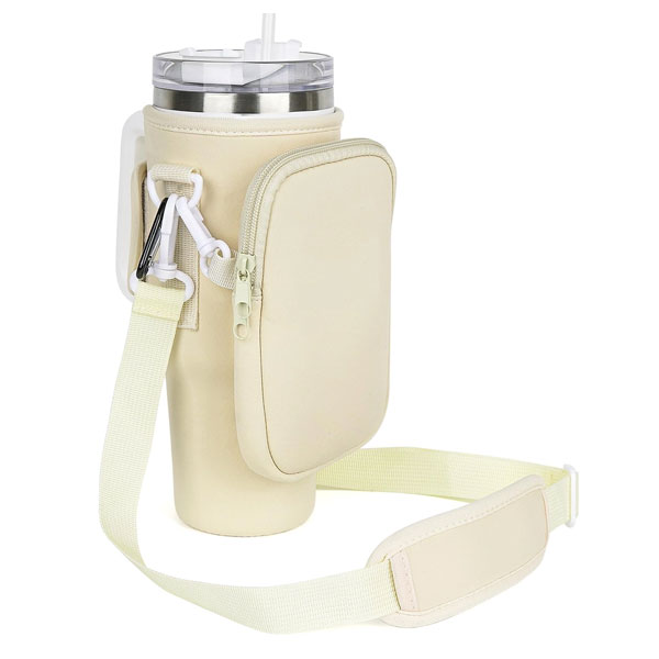 1 Linkidea Tumbler Carrier with Strap Compatible with Stanley Quencher H2.0 40oz, Neoprene Waterbottle Sling Bag Holder, Shoulder Strap with Detachable Pouch, Beige - Image 1