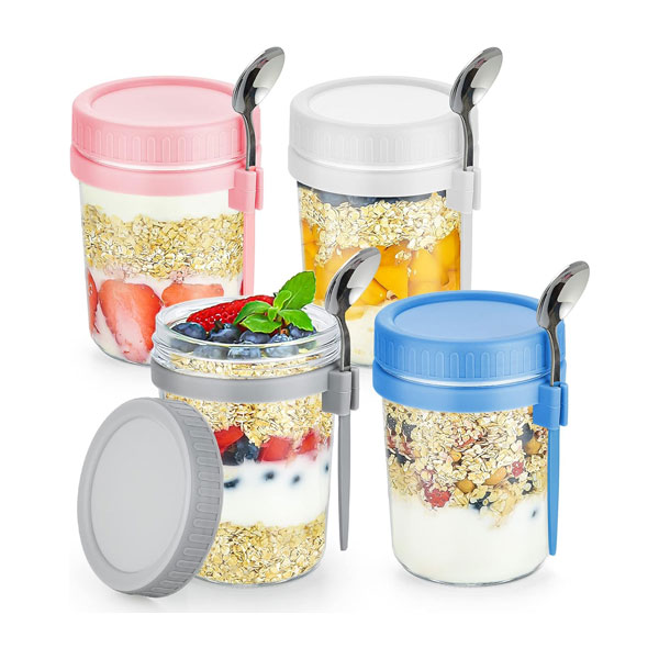 2 4-Pack Reusable Overnight Oats Jars with Lid & Spoon - 11.8 oz Airtight Mason Jars with Measurement Marks for Oats, Salads, Yogurt, Cereal, and Milk - Image 1