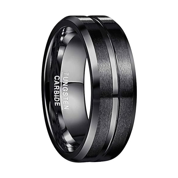 34 NUNCAD Men's Rings Black 8mm Tungsten Wedding Ring for Men Simple Band Ring with Groove Beveled Edges Size S - Image 1