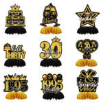 9PCS 30th Birthday Decorations, Retro Black Gold Honeycomb Party Table Decorations, Non-Toxic Waterproof for Men and Women 30th Anniversary Celebrations, 30th Birthday, Anniversary Decorations