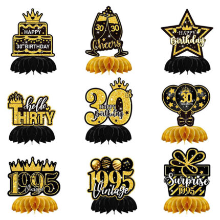9PCS 30th Birthday Decorations, Retro Black Gold Honeycomb Party Table Decorations, Non-Toxic Waterproof for Men and Women 30th Anniversary Celebrations, 30th Birthday, Anniversary Decorations
