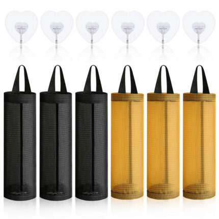 HMIEPRS 6Pcs Plastic Bag Holder, Carrier Bag Storage Holder with 6 Pcs Hooks, Household Foldable Hanging Garbage Bag Mesh Storage Bag for Home Kitchen Supplies Bin Bag Holder (Black, Yellow)