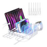 SooPii USB Charging Station Organizer for Multiple Devices, 6 Ports 50W Charging Dock With 6 Cables and Upgraded i-Watch Charger Holder Included, for Phones,Tablets and Other Electronics,White