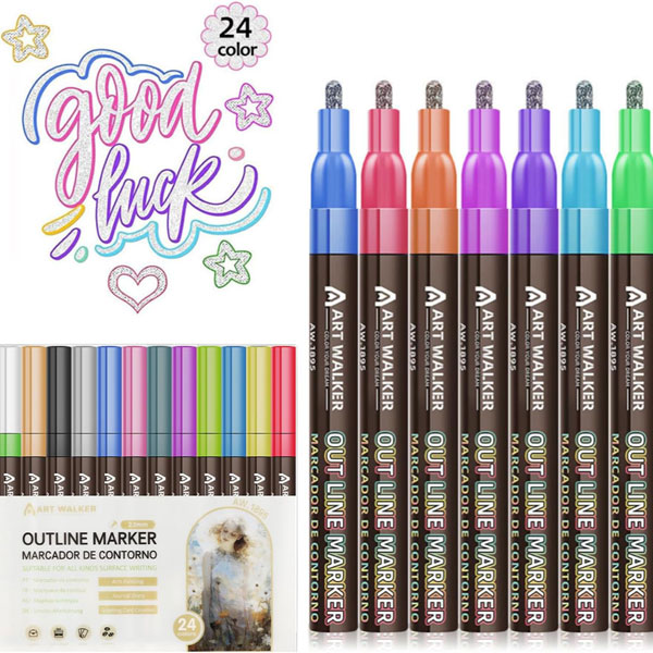 5 Mesen Dual Line Highlighter, 24 Glitter Colors Double Line Outline Markers Marker Pen for Highlight, Metallic Shimmer Markers for Gift Cards, Rock Painting, Wood, Ceramic, Glass - Image 1