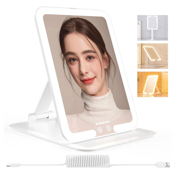 Untitled-1-Recovered WOBSION Travel Makeup Mirror Rechargeable for Handbag, Light up Mirrors with 3 Colors Modes for Desk, Folding Mirror with Adjustable Stand, Gifts for Girls, White - Image 1
