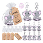 iZoeL 20 Sets It's a Girl Baby Shower Return Favors for Guests, Pink Baby Elephant Keychains + Organza Bags + Thank You Kraft Tags for Elephant Theme Party Favors, Girls Kids Party Supplies
