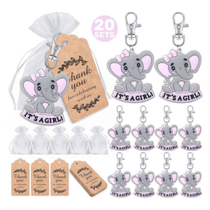 iZoeL 20 Sets It's a Girl Baby Shower Return Favors for Guests, Pink Baby Elephant Keychains + Organza Bags + Thank You Kraft Tags for Elephant Theme Party Favors, Girls Kids Party Supplies