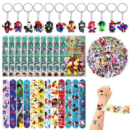yumcute 92PCS Cartoon Party Bag Fillers for Kids, Hero Party Favours Toys with 12Pcs Slap Bands12 Pcs Keychains 58 Pcs Stickers 10Pcs Gift Bags Theme Birthday Gifts for Boys Girls