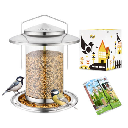 iBorn Metal Bird Feeder for small birds,Easy Clean Bird Seed Feeder,Hanging Bird Feeder for Seeds With Gift Box，3-Second Refill Bird Feeder,Nickle 6 Port (Seed is not Included)