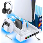 PS5 / PS5 Slim Stand and Cooling Station with LED Controller Charging Station for Playstation 5 Console, 2H Fast PS5 Controller Charger, PS5 Accessories with 3 Levels Cooling Fan/Headset Holder