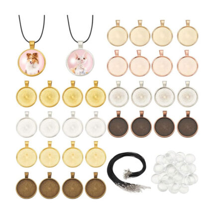 AHANDMAKER Pendant Trays Kit, Bezel Pendant Trays Charm Bulk with 32Pcs Round Alloy Pendant Cabochon Settings 32Pcs Clear Glass Cabochons 30Pcs Waxed Cotton Cord, Charm Kit for Necklace Jewelry Making