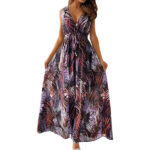 Yutdeng Women's Floral Maxi Dress Sleeveless V Neck Drawstring Backless – Orange XXL - Image 3