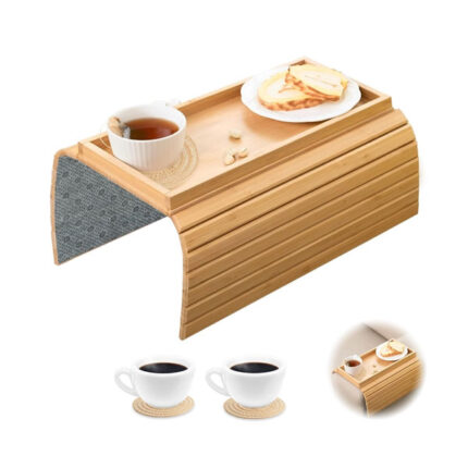 Foldable Sofa Arm Tray With Cup Mats - Anti-Slip Armchair Table for Snacks, Phone, Remote, and Cups - Couch Armrest Side Table
