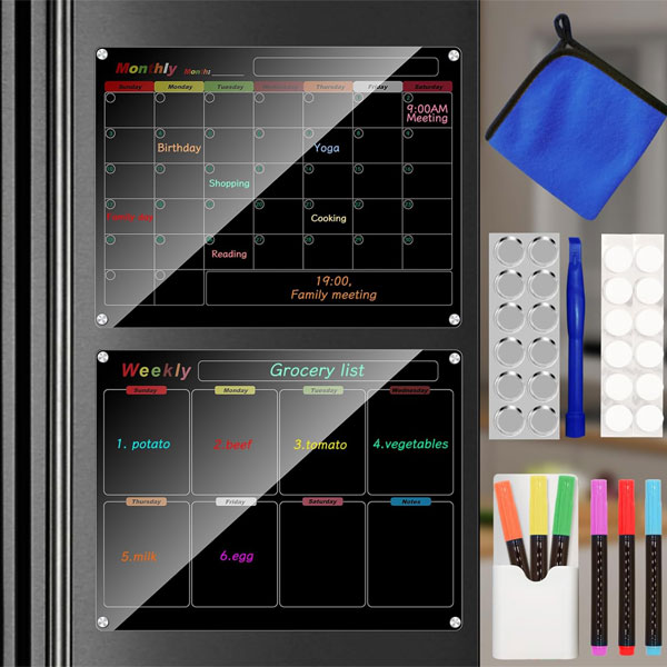 3 Ninyoon Weekly Calendar Meal Planner for Fridge, Magnetic Acrylic Fridge Menu Dry Erase Board with 6 Markers 6 Hanging Hardware 6 Gaskets - 1 Set (Black - 9.8x13 - Weekly) - Image 1