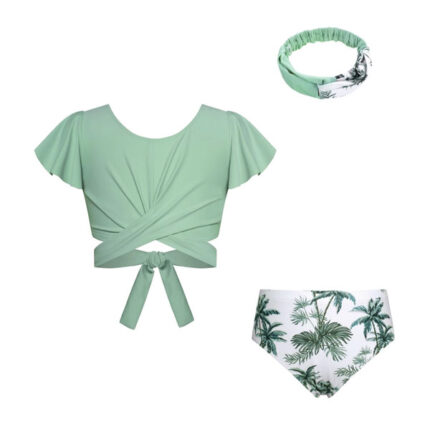 GRACE KARIN Girls 3 Piece Swimsuit Ruffle Short Sleeve Swimsuit Adjustable Belt Top Swimsuit+Shorts+Hairband White-Green Coconut Tree 14 Years