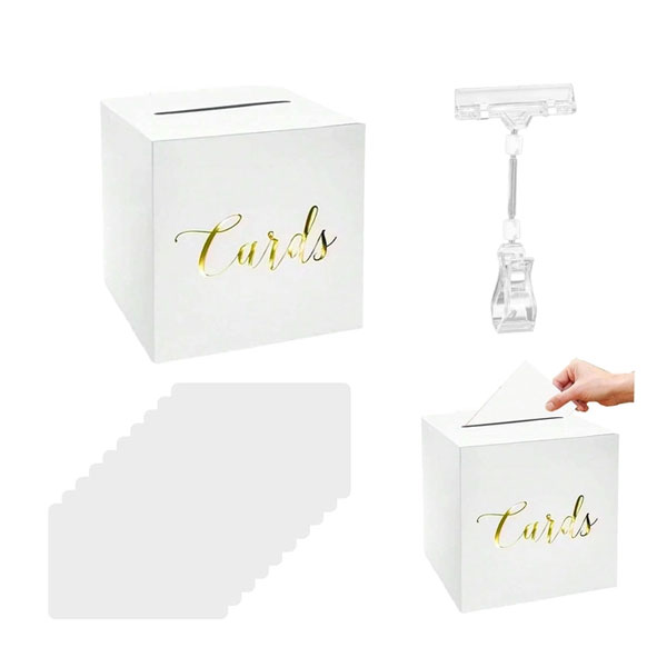 4 Wedding Card Box Elegant White and Gold Wedding Card Post Box for Reception, Wedding Envelope Money Card Box with 10 White Card for Party Wedding Raffle Donation Vote Fundraising Valentine's Day - Image 1