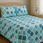 Blue & Teal Diamond Printed Cotton Satin Bedsheet – King Size UK - Image 3