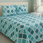 Blue & Teal Diamond Printed Cotton Satin Bedsheet – King Size UK - Image 2