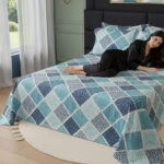 Blue & Teal Diamond Printed Cotton Satin Bedsheet – King Size UK - Image 4